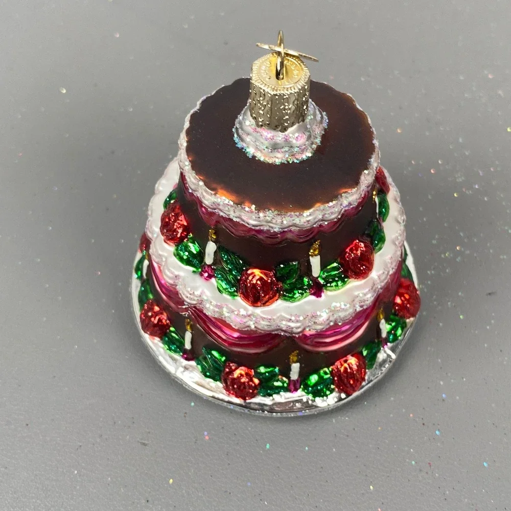 Old World Christmas Glass Holiday Ornaments Chocolate Cake & Cat In Stocking Set